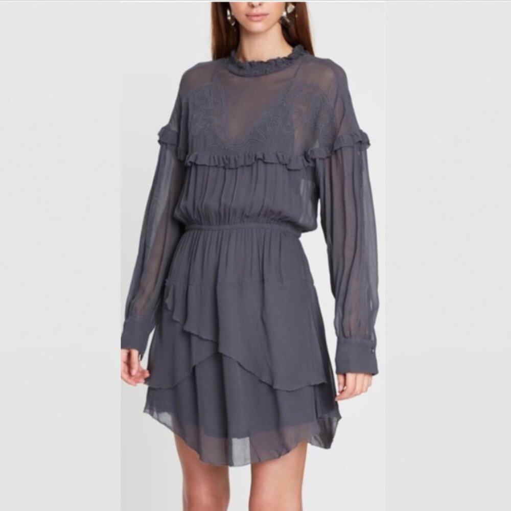 IRO Paradiz Grey Embroidered Long Sleeve Mini Dress